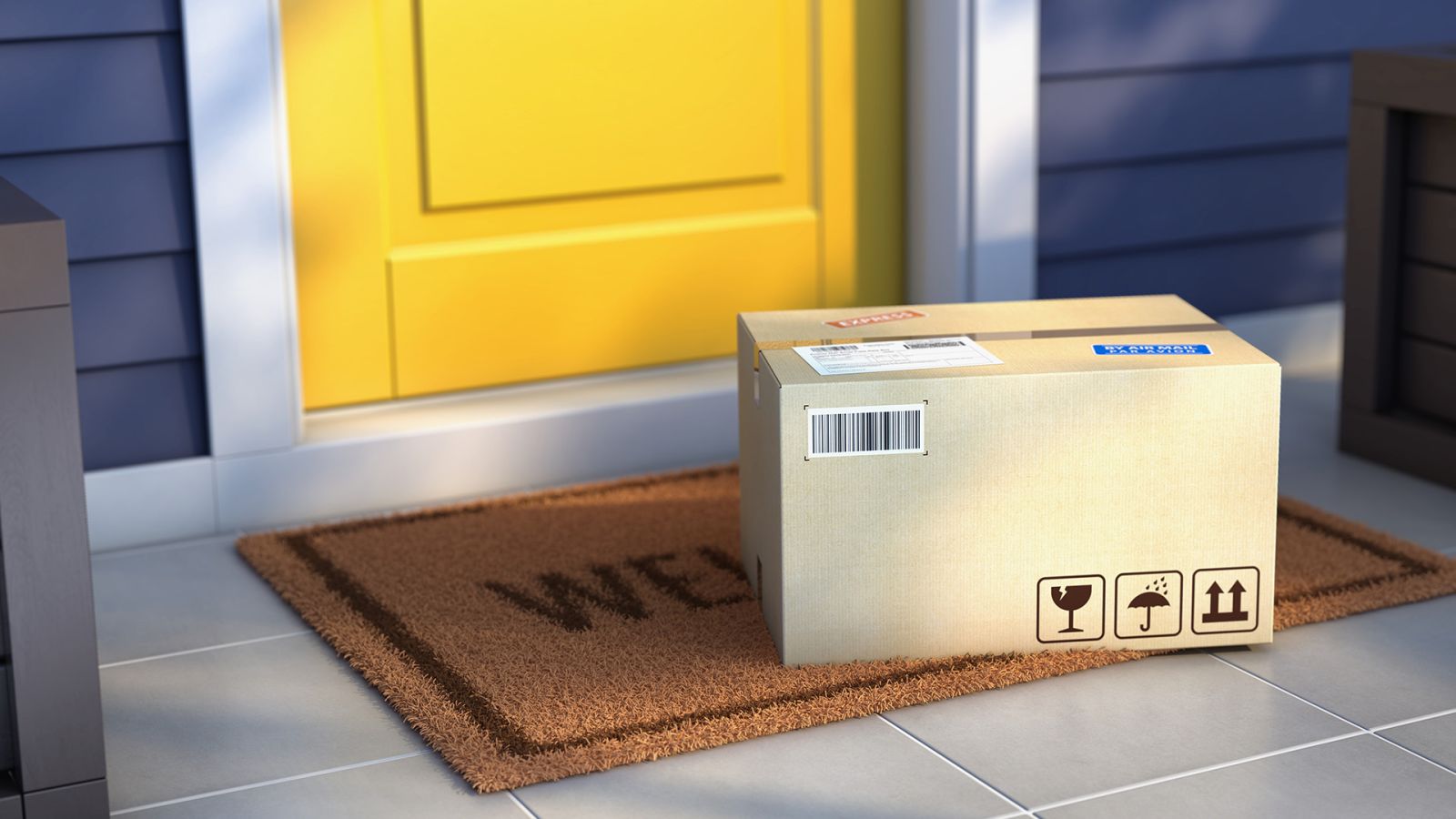 delivered package at front door of home